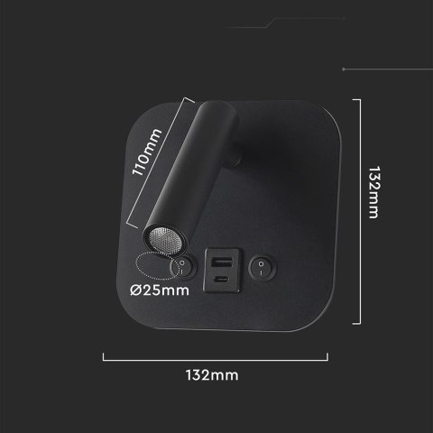 Oprawa LED V-TAC 8W COB CREE kinkiet czarny hotel łóżko USB+USB C włącznik VT-80068-B 3000K 830lm