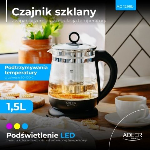 Adler Czajnik szklany 1,5 L z zaparzaczem i regulacją temperatury | 1,5 L | LED | 60-100°C |