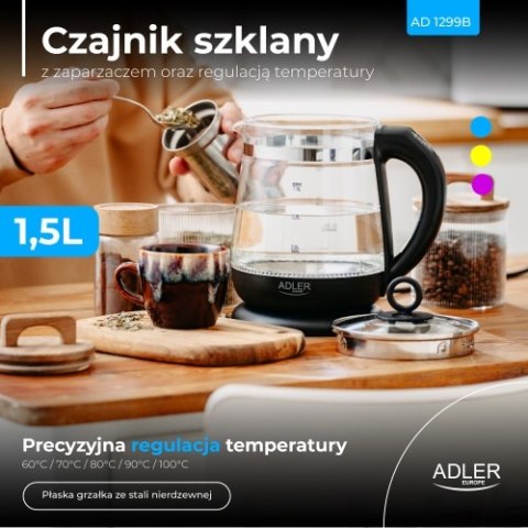 Adler Czajnik szklany 1,5 L z zaparzaczem i regulacją temperatury | 1,5 L | LED | 60-100°C |