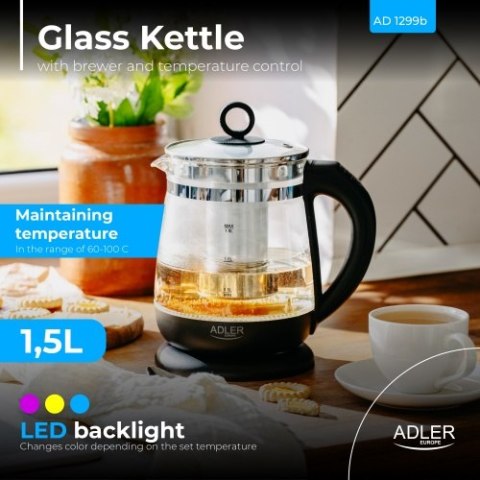 Adler Czajnik szklany 1,5 L z zaparzaczem i regulacją temperatury | 1,5 L | LED | 60-100°C |