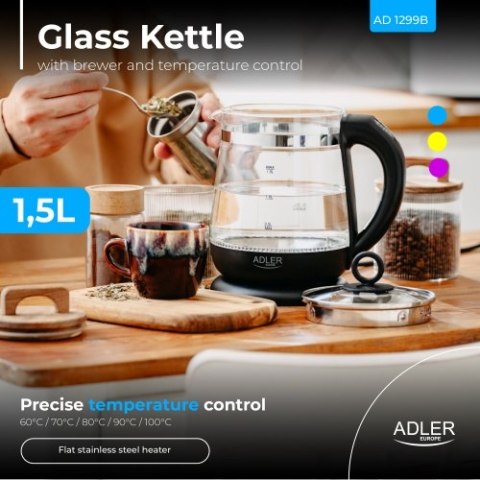 Adler Czajnik szklany 1,5 L z zaparzaczem i regulacją temperatury | 1,5 L | LED | 60-100°C |