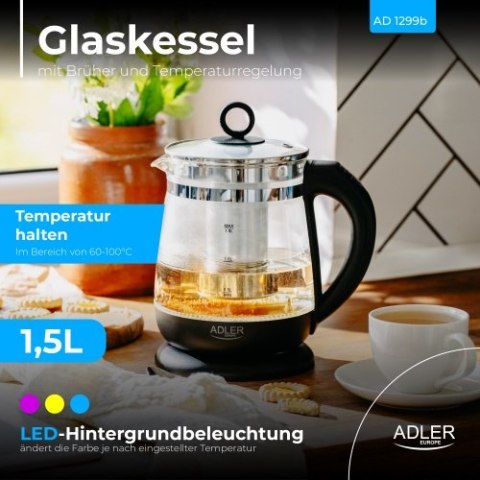 Adler Czajnik szklany 1,5 L z zaparzaczem i regulacją temperatury | 1,5 L | LED | 60-100°C |