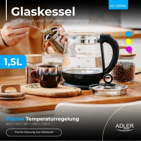 Adler Czajnik szklany 1,5 L z zaparzaczem i regulacją temperatury | 1,5 L | LED | 60-100°C |