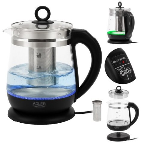 Adler Czajnik szklany 1,5 L z zaparzaczem i regulacją temperatury | 1,5 L | LED | 60-100°C |