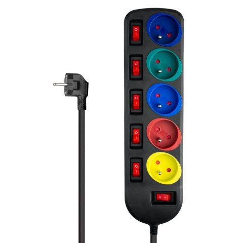Przedłużacz z uziemieniem, 5 gniazd z włącznikami, czarny, 1,5 m