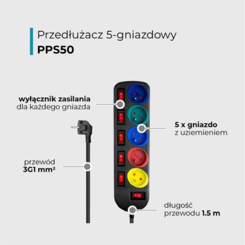 Przedłużacz z uziemieniem, 5 gniazd z włącznikami, czarny, 1,5 m