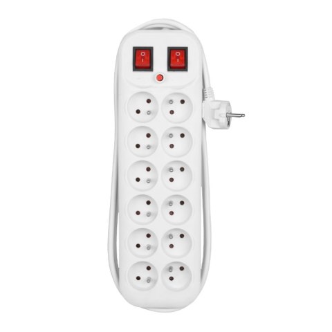 Przedłużacz dwurzędowy, 12 gniazd, 2 włączniki, biały, 1,8 m