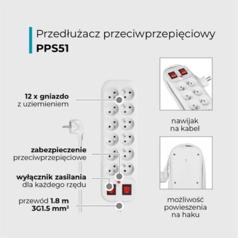 Przedłużacz dwurzędowy, 12 gniazd, 2 włączniki, biały, 1,8 m
