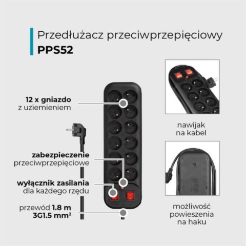 Przedłużacz dwurzędowy, 12 gniazd, 2 włączniki, czarny, 1,8 m