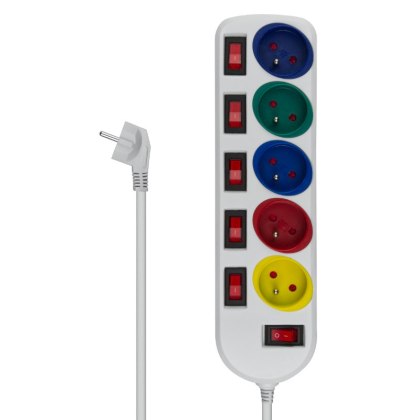 Przedłużacz z uziemieniem, 5 gniazd z włącznikami, biały, 1,5 m