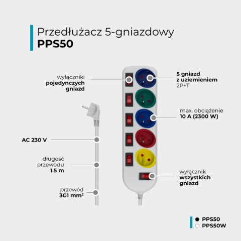 Przedłużacz z uziemieniem, 5 gniazd z włącznikami, biały, 1,5 m