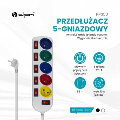 Przedłużacz z uziemieniem, 5 gniazd z włącznikami, biały, 1,5 m