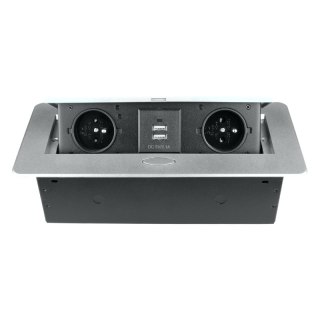 Listwa przedłużacza wpuszczana w blat, bez przewodu, 2 gniazda, 2 x USB, srebrna