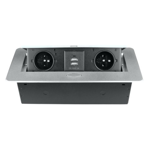 Listwa przedłużacza wpuszczana w blat, bez przewodu, 2 gniazda, 2 x USB, srebrna