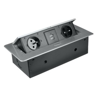 Listwa przedłużacza wpuszczana w blat, bez przewodu, 2 gniazda, 2 x USB, srebrna