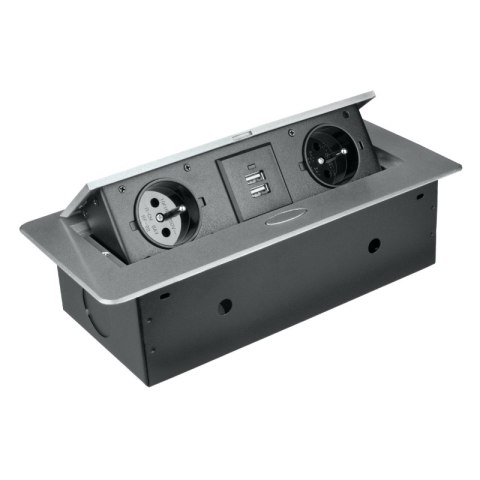 Listwa przedłużacza wpuszczana w blat, bez przewodu, 2 gniazda, 2 x USB, srebrna
