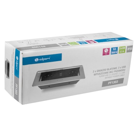 Listwa przedłużacza wpuszczana w blat, bez przewodu, 2 gniazda, 2 x USB, srebrna