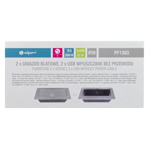 Listwa przedłużacza wpuszczana w blat, bez przewodu, 2 gniazda, 2 x USB, srebrna