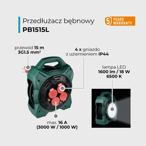 Przedłużacz bębnowy IP44 z lampą LED, 4 gniazda, 15 m