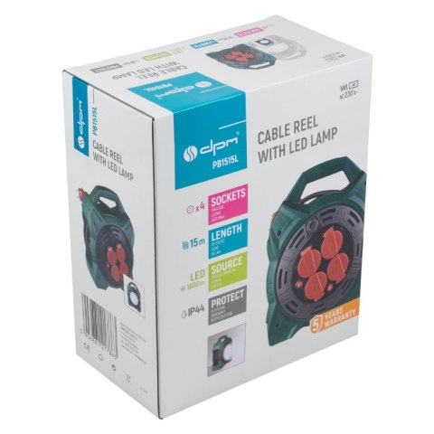 Przedłużacz bębnowy IP44 z lampą LED, 4 gniazda, 15 m