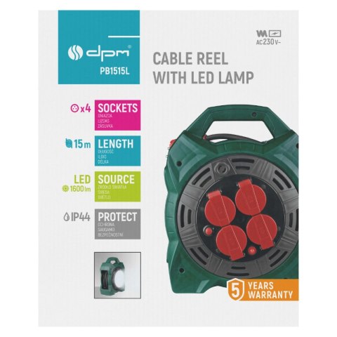 Przedłużacz bębnowy IP44 z lampą LED, 4 gniazda, 15 m