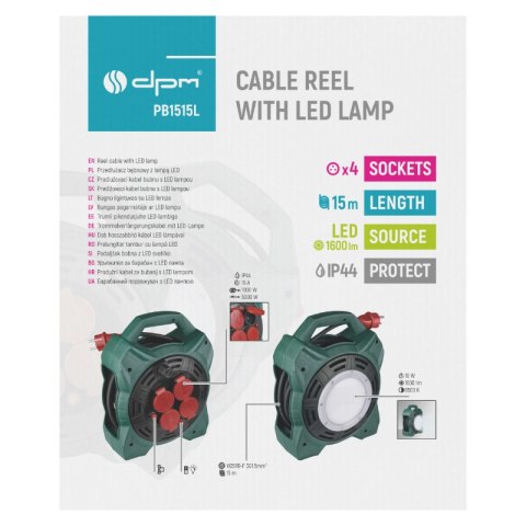Przedłużacz bębnowy IP44 z lampą LED, 4 gniazda, 15 m