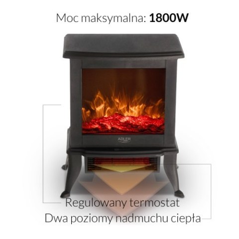 Adler Kominek elektryczny | 2 poziomy grzania: 1000W / 1800W | Efekt 3D płomienia | Termostat
