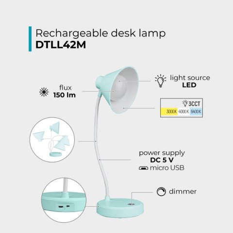 Lampka biurkowa LED, ładowalna, 150 lm, 3000/4000/6400 K, miętowa