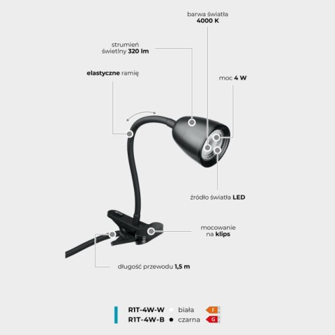 Lampka biurkowa LED z klipsem, 4 W, 420 lm, 4000 K, biała DPM