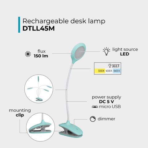 Lampka biurkowa LED z klipsem, ładowalna, 150 lm, 3000/4000/6400 K, miętowa