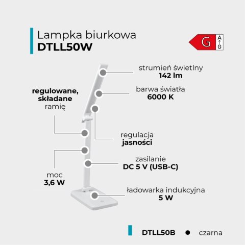 Lampka biurkowa LED z ładowarką indukcyjną, 3,6 W, 142 lm, 6000 K, biała