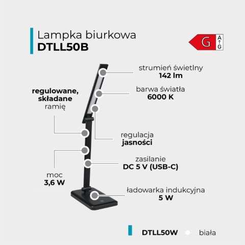 Lampka biurkowa LED z ładowarką indukcyjną, 3,6 W, 142 lm, 6000 K, czarna