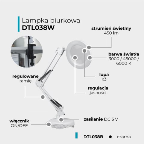 Lampka biurkowa LED z lupą, USB, 8 W, 450 lm, 3000-6000 K, biała