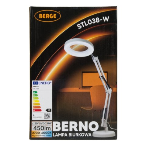 Lampka biurkowa LED z lupą, USB, 8 W, 450 lm, 3000-6000 K, biała