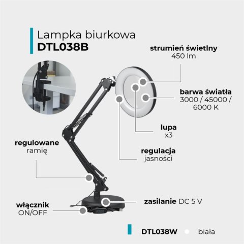 Lampka biurkowa LED z lupą, USB, 8 W, 450 lm, 3000-6000 K, czarna