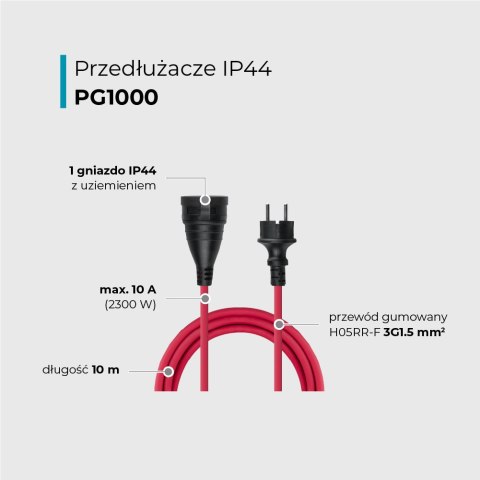 Przedłużacz, 1 gniazdo, IP44, czerwony, 10 m
