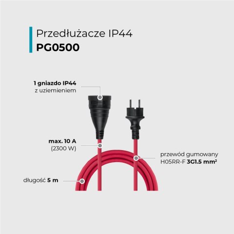 Przedłużacz, 1 gniazdo, IP44, czerwony, 5 m