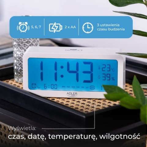 Adler Budzik na baterie - Biały