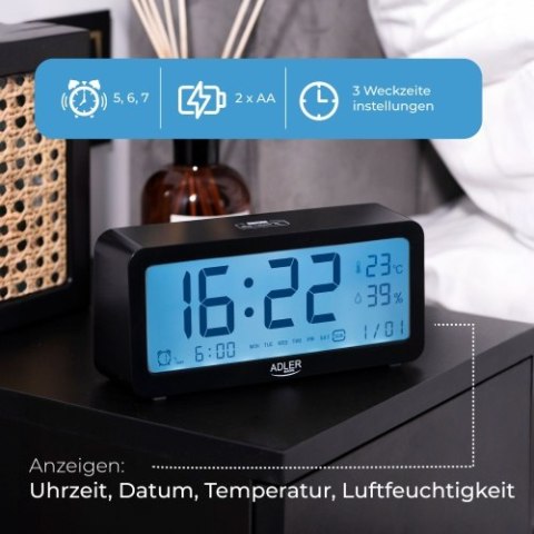 Adler Budzik na baterie - Czarny