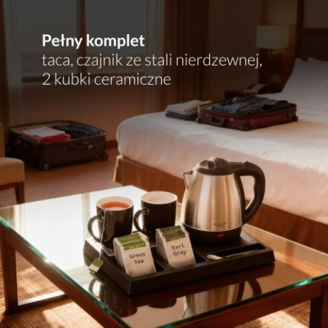 Adler Czajnik hotelowy ze stali nierdzewnej 1,2 l | Taca powitalna z kubkami i przegródkami