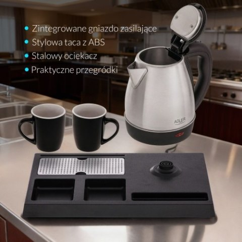 Adler Czajnik hotelowy ze stali nierdzewnej 1,2 l | Taca powitalna z kubkami i przegródkami