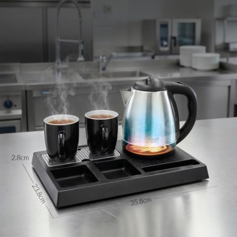 Adler Czajnik hotelowy ze stali nierdzewnej 1,2 l | Taca powitalna z kubkami i przegródkami