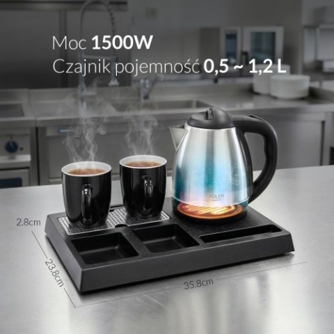 Adler Czajnik hotelowy ze stali nierdzewnej 1,2 l | Taca powitalna z kubkami i przegródkami