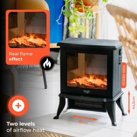 Adler Kominek elektryczny | 2 poziomy grzania: 1000W / 1800W | Efekt 3D płomienia | Termostat