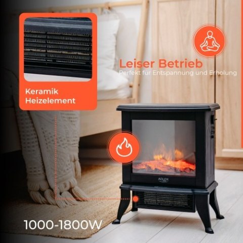 Adler Kominek elektryczny | 2 poziomy grzania: 1000W / 1800W | Efekt 3D płomienia | Termostat