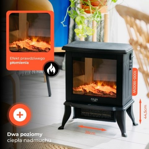 Adler Kominek elektryczny | 2 poziomy grzania: 1000W / 1800W | Efekt 3D płomienia | Termostat