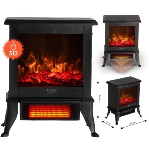 Adler Kominek elektryczny | 2 poziomy grzania: 1000W / 1800W | Efekt 3D płomienia | Termostat