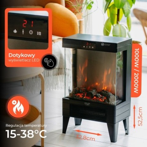 Adler Kominek elektryczny LED z pilotem | 3D efekt płomienia | 2 moce grzania 1000W/2000W | Termostat