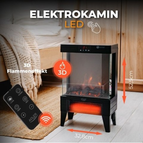Adler Kominek elektryczny LED z pilotem | 3D efekt płomienia | 2 moce grzania 1000W/2000W | Termostat