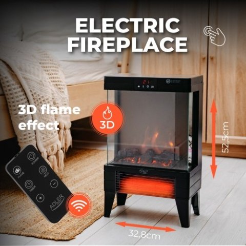 Adler Kominek elektryczny LED z pilotem | 3D efekt płomienia | 2 moce grzania 1000W/2000W | Termostat